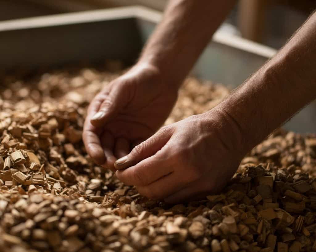 mains de vignerons pendant le boisage du vin pour obtenir un chardonnay boisé