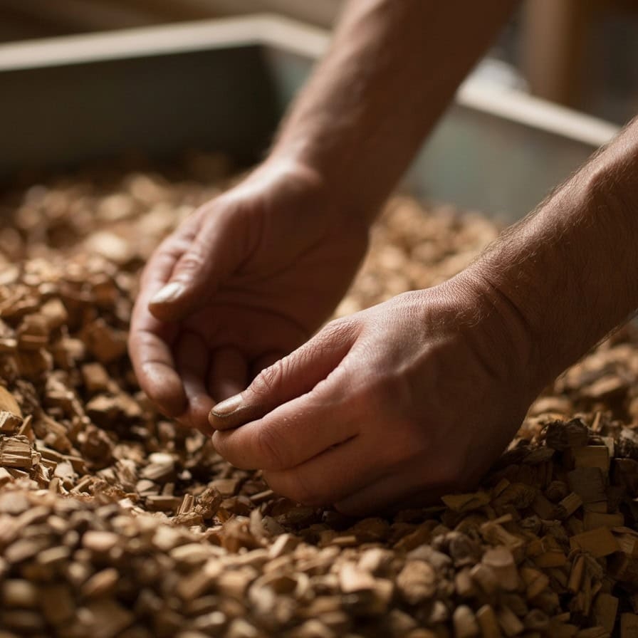 photo_boisage_closeup mains de vignerons pendant le boisage du vin pour obtenir un chardonnay boisé